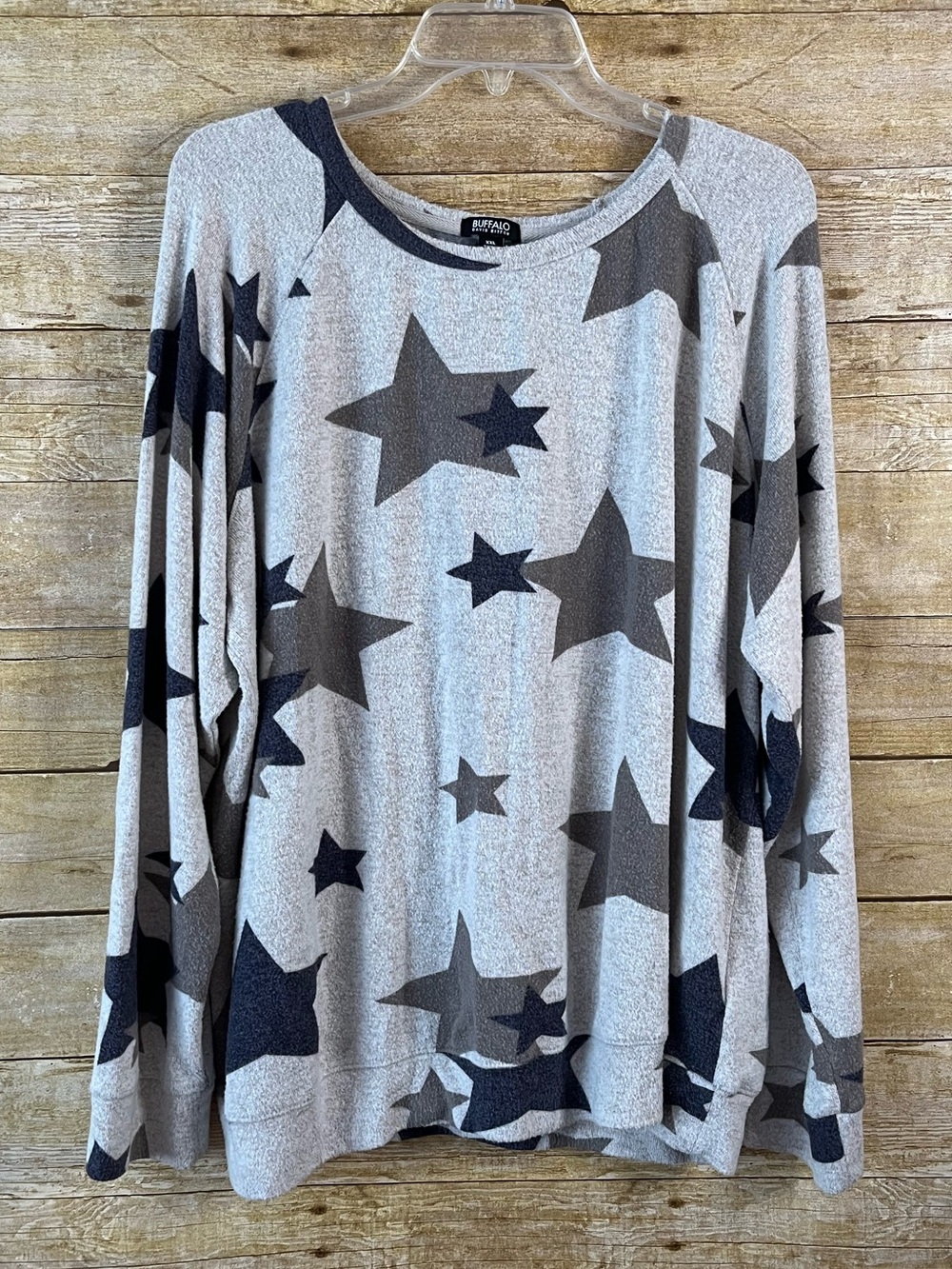 Buffalo David Bitton Star Print Light Gray Knit Crewneck Raglan Top Size XXL EUC